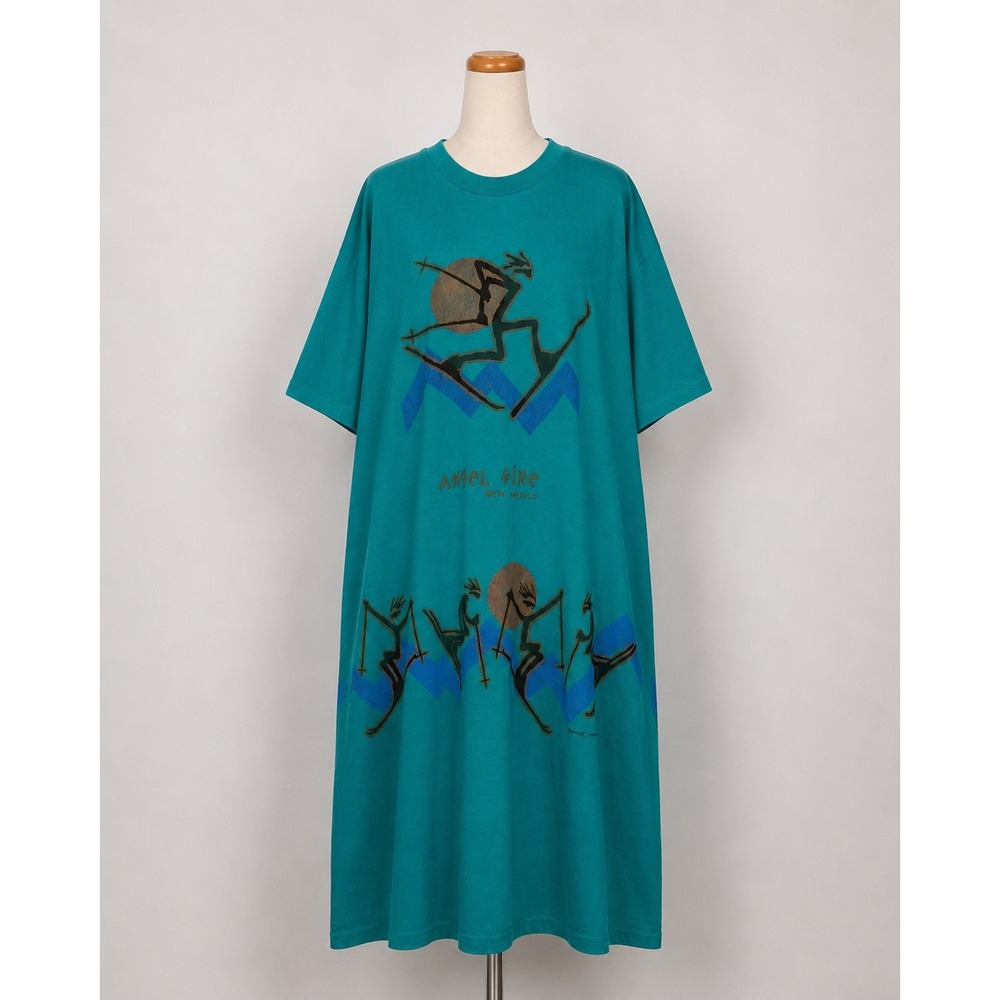 Vintage Jerzees Angel Fire New Mexico Skiing T-Shirt Dress Teal Nancy Halter OS